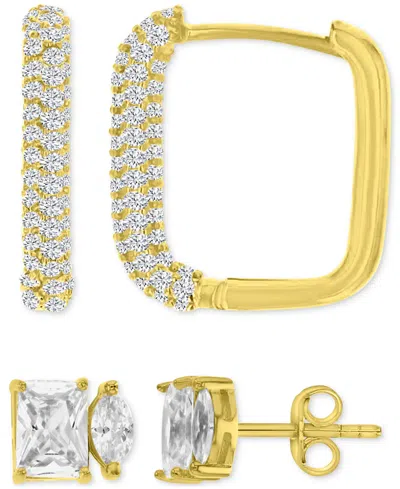 Macy's 2-pc. Set Cubic Zirconia Two-stone Stud & Pave Square Hoop Earrings In 14k Gold-plated Sterling Silv In Yellow