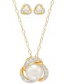Macy's 2-pc. Set Cultured Freshwater Button Pearl (7 & 8mm) & Lab Created White Sapphire (3/8 Ct. T.w.) Lov In Gold Over Silver