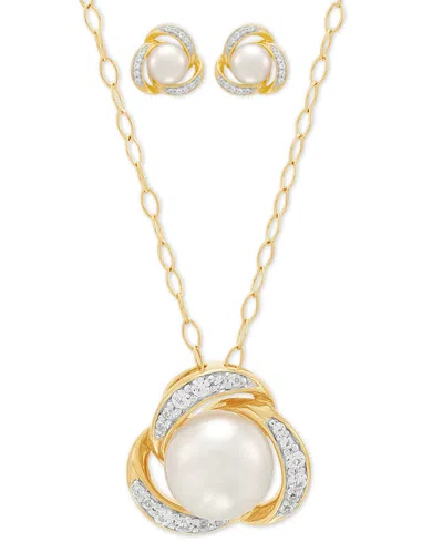 Macy's 2-pc. Set Cultured Freshwater Button Pearl (7 & 8mm) & Lab Created White Sapphire (3/8 Ct. T.w.) Lov In Gold Over Silver