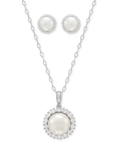 Macy's 2-pc. Set Cultured Freshwater Button Pearl (8 & 10mm) & Lab Created White Sapphire (7/8 Ct. T.w.) Ha In Silver