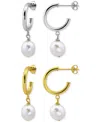 Macy's 2-pc. Set Cultured Freshwater Pearl (10 X 8mm) Dangle Hoop Earrings In Sterling Silver & 18k Gold-pl In White