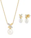 Macy's 2-pc. Set Cultured Freshwater Pearl (6 & 8mm) And Diamond Accent X Pendant Necklace & Matching Drop  In White