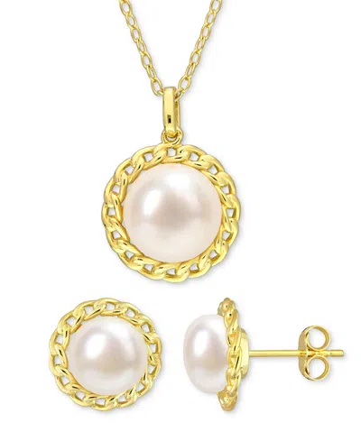 Macy's 2-pc. Set Cultured Freshwater Pearl (8-9-1/2mm) Pendant Necklace & Stud Earrings In 18k Gold-plated In White