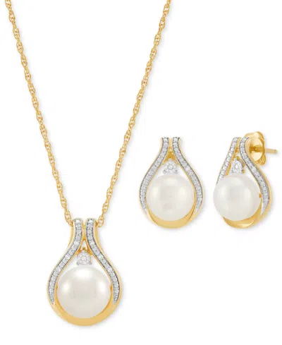 Macy's 2-pc. Set Cultured Freshwater Pearl (8 & 9mm) & Diamond Accent Halo Pendant Necklace & Matching Stud In Gold