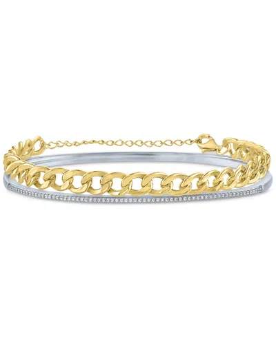 Macy's 2-pc. Set Diamond Bangle Bracelet (1/5 Ct. T.w.) & Curb Link Chain Bracelet In Sterling Silver & 14k In Sterling Silver  Gold-plated Sterling Si