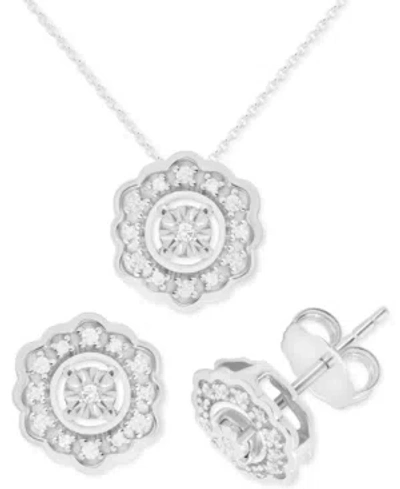 Macy's 2-pc. Set Diamond Flower Pendant Necklace & Matching Stud Earrings (1/6 Ct. T.w.) In Sterling Silver