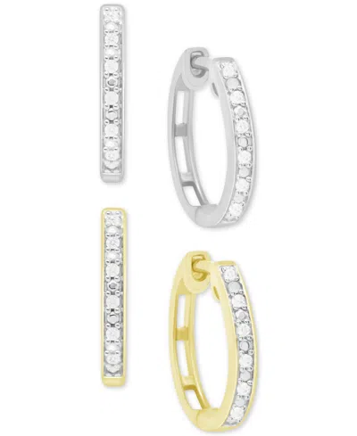 Macy's 2-pc. Set Diamond Hoop Earrings (1/6 Ct. T.w.) In Sterling Silver & 14k Gold-plated Sterling Silver In Metallic