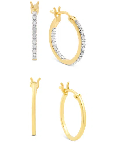 Macy's 2-pc. Set Diamond In & Out And Polished Small Hoop Earrings (1/6 Ct. T.w.) In 14k Gold-plated Sterli In Gold-plated Sterling Silver