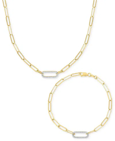 Macy's 2-pc. Set Diamond Paperclip Link Collar Necklace & Bracelet (1/4 Ct. T.w.) In 14k Gold-plated Sterli In Gold-plated Sterling Silver