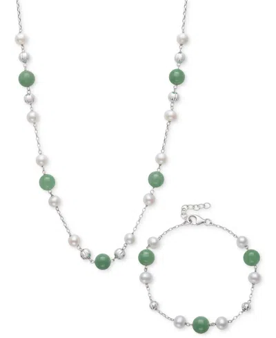 Macy's 2-pc. Set Dyed Green Jade & Cultured Freshwater Pearl (6-7mm) Collar Necklace & Bracelet In Sterling