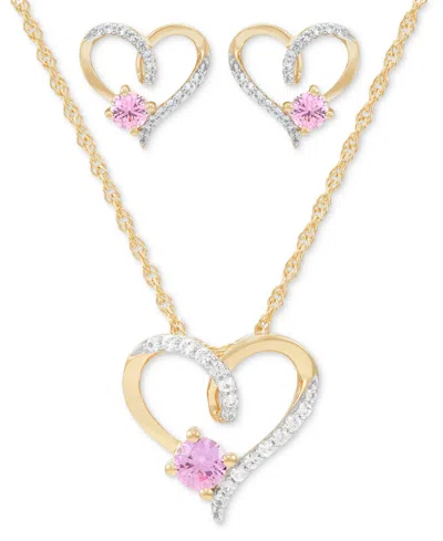 Macy's 2-pc. Set Lab Created Pink Sapphire (3/4 Ct. T.w.) & Lab Created White Sapphire (1/3 Ct. T.w.) Heart In 14k Yellow Gold Over Sterling Silver