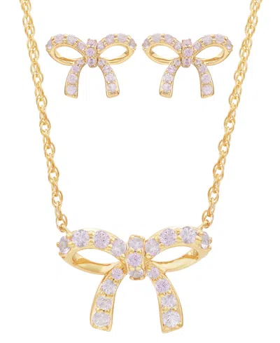 Macy's 2-pc. Set Lab Created Pink Sapphire Bow Pendant Necklace & Matching Stud Earrings (1 Ct. T.w.) In 14 In 14k Yellow Gold Plated Sterling Silver