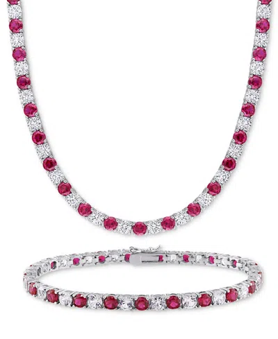 Macy's 2-pc. Set Lab-grown Blue Sapphire (23-3/4 Ct. T.w.) & Lab-grown White Sapphire (23-3/8 Ct. T.w.) Col In Red