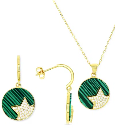 Macy's 2-pc. Set Lab-grown Malachite & Cubic Zirconia Star Circle Pendant Necklace & Matching Drop Earrings In Gold