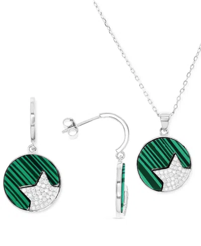 Macy's 2-pc. Set Lab-grown Malachite & Cubic Zirconia Star Circle Pendant Necklace & Matching Drop Earrings In Sterling Silver