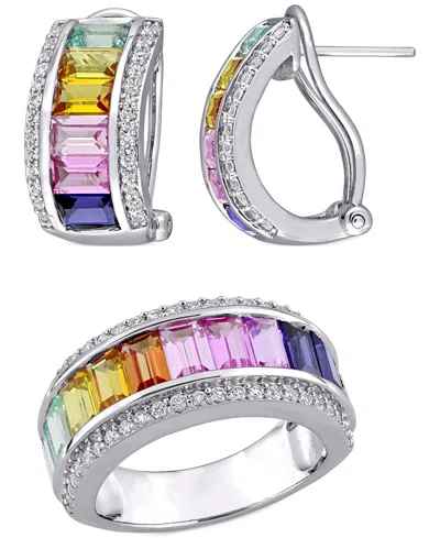 Macy's 2-pc. Set Lab-grown Multi-sapphire Baguette Ring & Matching Hoop Earrings (8-1/10 Ct. T.w.) In Sterl