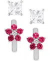 Macy's 2-pc. Set Lab Grown Ruby (1/10 Ct. T.w.) & Lab Grown White Sapphire (5/8 Ct. T.w.) Square Stud & Flo In Ruby
