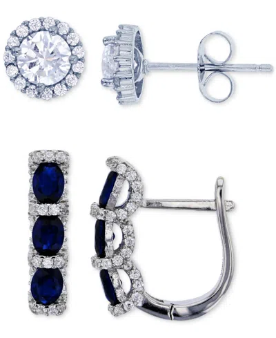 Macy's 2-pc. Set Lab-grown Spinel (2 Ct. T.w.) & Cubic Zirconia Halo Stud & Three Stone Leverback Earrings In Blue Spinel