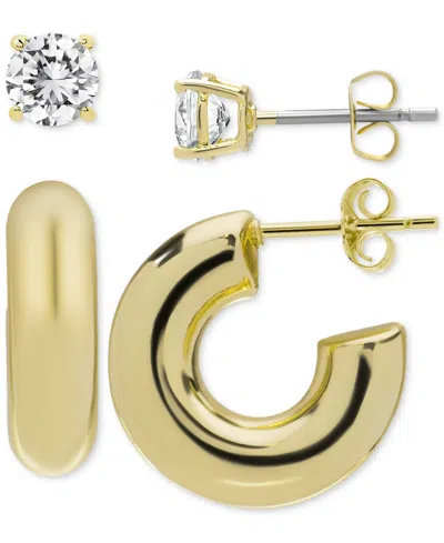 Macy's 2-pc. Set Lab Grown White Sapphire (2-1/10 Ct. T.w.) Stud & Polished Half Hoop Earrings In 14k Gold-
