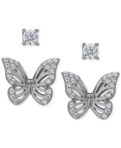 Macy's 2-pc. Set Lab Grown White Sapphire Butterfly & Solitaire Stud Earrings (3/4 Ct. T.w.) In Sterling Si In Silver