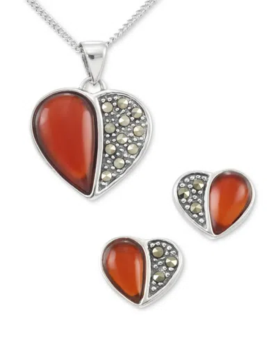 Macy's 2-pc. Set Marcasite (1/4 Ct. T.w.) & Red Cubic Zirconia Heart Pendant Necklace & Matching Stud Earri