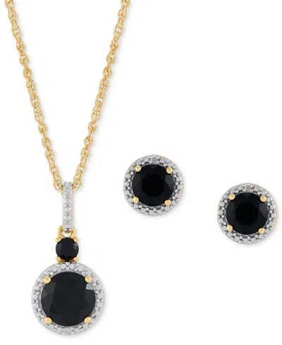 Macy's 2-pc. Set Onyx & Diamond Accent Halo Pendant Necklace & Matching Stud Earrings In 14k Gold-plated St