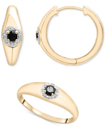 Macy's 2-pc. Set Onyx & Diamond Accent Ring & Matching Small Hoop Earrings In 14k Gold-plated Sterling Silv