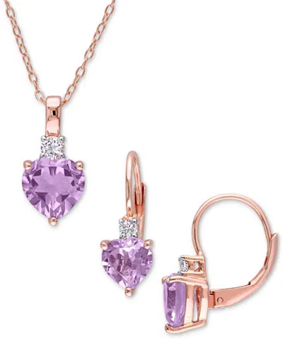 Macy's 2-pc. Set Pink Amethyst (3-1/2 Ct. T.w.) & Lab-grown White Sapphire (1/3 Ct. T.w.) Heart Pendant Nec In Pink Sapphire