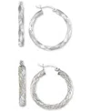 Macy's 2-pc. Set Rope And Satin Finish Round Hoop Earrings In 14k Gold-plated Sterling Silver And Sterling  In Silver