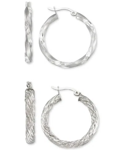 Macy's 2-pc. Set Rope And Satin Finish Round Hoop Earrings In 14k Gold-plated Sterling Silver And Sterling 