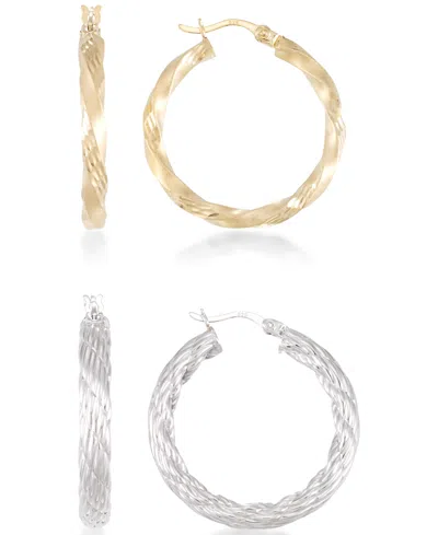 Macy's 2-pc. Set Rope And Satin Finish Round Hoop Earrings In 14k Gold-plated Sterling Silver And Sterling  In Multi