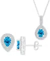 Macy's 2-pc. Set Swiss Blue Topaz (2-7/8 Ct. T.w.) & Lab-grown White Sapphire (1 Ct. T.w.) Teardrop Halo Pe In Swiss Blue Topaz