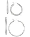 Macy's 2-pc. Set Textured And Polished Hoop Earrings In 14k Gold Over Sterling Silver And Sterling Silver In Silver