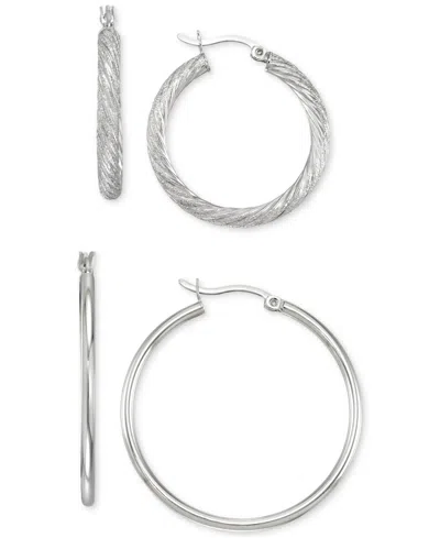 Macy's 2-pc. Set Textured And Polished Hoop Earrings In 14k Gold Over Sterling Silver And Sterling Silver