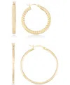 Macy's 2-pc. Set Textured And Polished Hoop Earrings In 14k Gold Over Sterling Silver And Sterling Silver In Gold