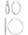 Macy's 2-pc. Set Wavy & Round Glitter Hoop Earrings In Sterling Silver In Silver