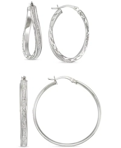 Macy's 2-pc. Set Wavy & Round Glitter Hoop Earrings In Sterling Silver