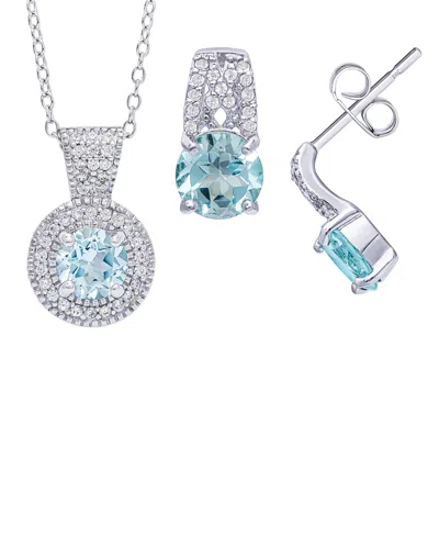 Macy's 2-piece Lab-grown Aquamarine (1.50 Ct. T.w.) & Lab-grown White Sapphire (0.15 Ct. T.w.) Halo Necklac In Multi