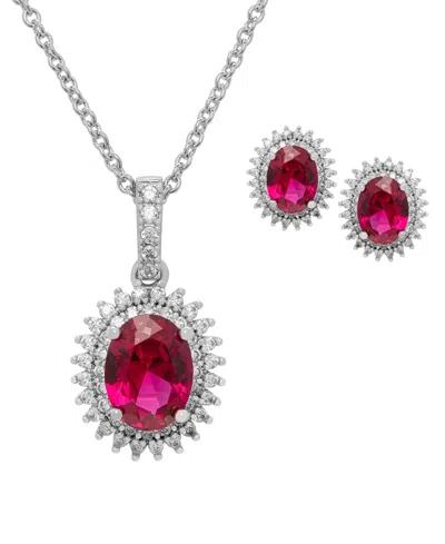 Macy's 2-piece Lab-grown Ruby (2.70 Ct. T.w.) & White Sapphire (0.61 Ct. T.w.) Halo Oval Necklace And Earri In Gold
