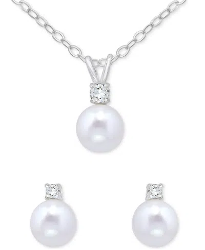 Macy's 2-piece Set Dyed Black Pearl (6mm) & White Topaz Accent Pendant Necklace & Matching Stud Earrings In