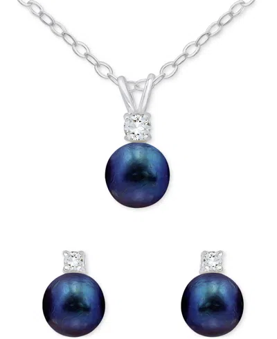 Macy's 2-piece Set Dyed Black Pearl (6mm) & White Topaz Accent Pendant Necklace & Matching Stud Earrings In