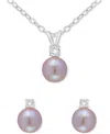 Macy's 2-piece Set Dyed Black Pearl (6mm) & White Topaz Accent Pendant Necklace & Matching Stud Earrings In In Pink
