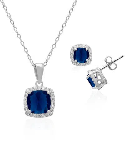 Macy's 2-piece Set Lab Grown White Opal (2 Ct. T.w.) And Sapphire (5 Ct. T.w.) Cushion Halo Pendant Necklac In Metallic