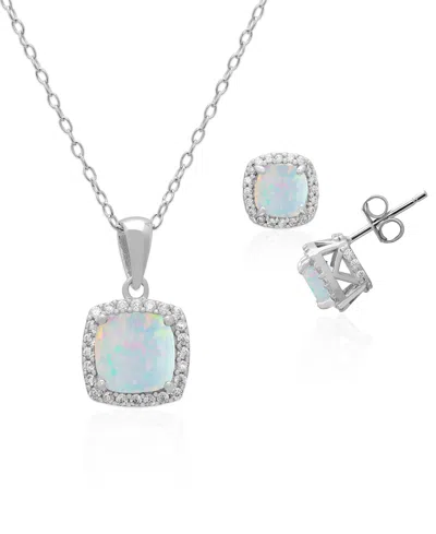 Macy's 2-piece Set Lab Grown White Opal (2 Ct. T.w.) And Sapphire (5 Ct. T.w.) Cushion Halo Pendant Necklac In Metallic