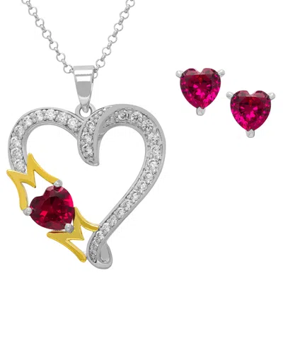 Macy's 2-pc. Lab Grown Ruby And Lab Grown White Sapphire (2.71 Ct. T.w.) Mom Heart Pendant Necklace And Stu In Multi