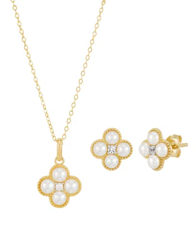 Macy's 2-piece Cultured Freshwater Pearls & Lab Grown White Sapphire (1/6 Ct. T.w.) Necklace And Earring Se In Gold