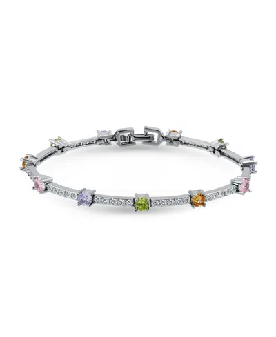 Macy's 3 5/8 Ct. T.w 4mm 2mm Round Cubic Zirconia Stone Stations On Pave Link Bracelet, Created For  In Metallic