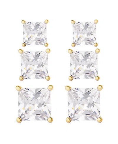 Macy's 3 Pairs Square Cubic Zirconia Stud Set In Gold