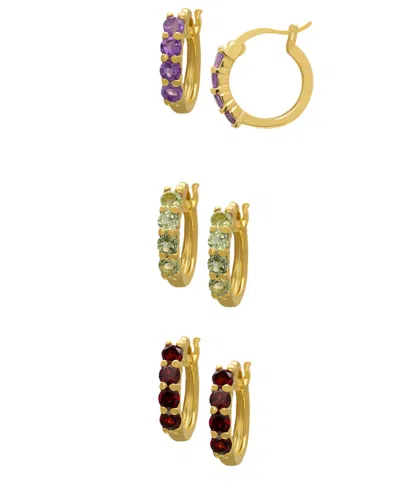 Macy's 3-pc. Amethyst, Peridot And Garnet (2-1/3 Ct. T.w.) Round Halo Huggie Hoop Earrings In 14k Gold Over