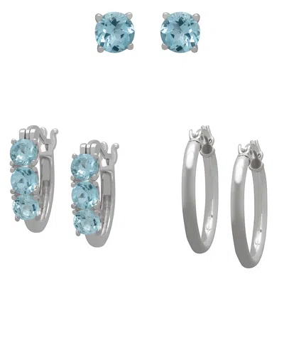 Macy's 3-pc. Blue Topaz Hoop & Stud Earrings Set (3-4/5 Ct. T.w.) In Sterling Silver In Multi